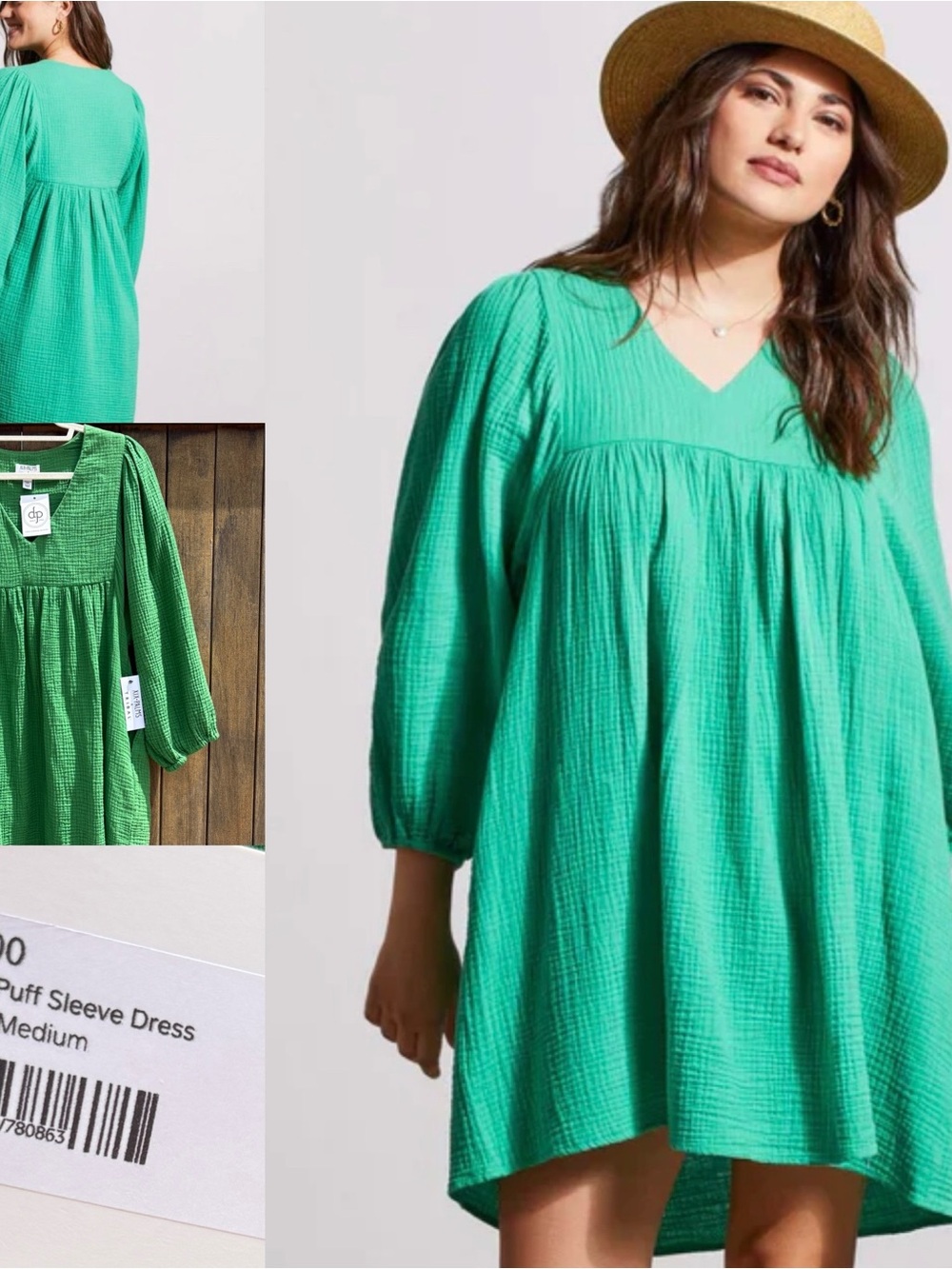 Tribal Green V-Neck Puff Sleeve Dress